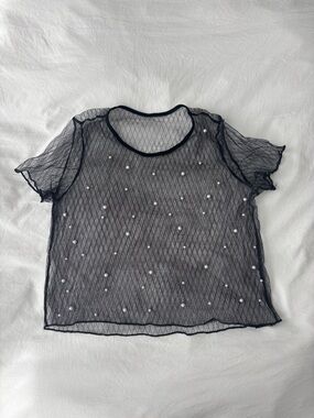 Black Mesh Pearl Top Sheer Crop Y2K Aesthetic